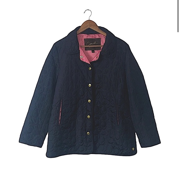 Coach Black Quilted Jacket Coat Gold Snaps Pink Lining Size Large - Picture 1 of 6